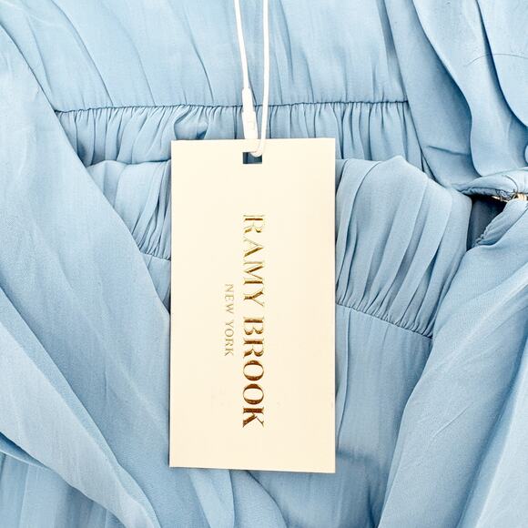 RAMY BROOK Skirt NEW Size 0 Esmeralda Blue Gold Mini Stretch Smocked Eyelet Lace - Picture 3 of 5